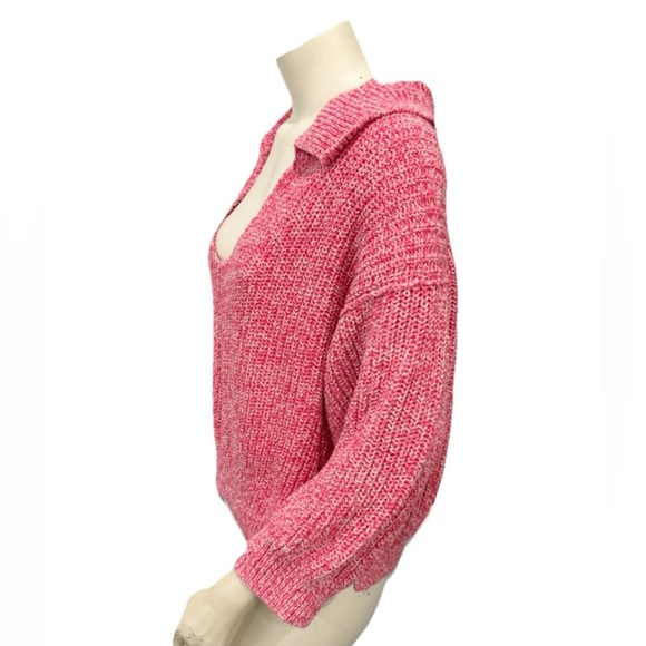 Free People Pink Collared Deep V Sweater L Marled Knit Pullover Boho Top - Picture 2 of 13